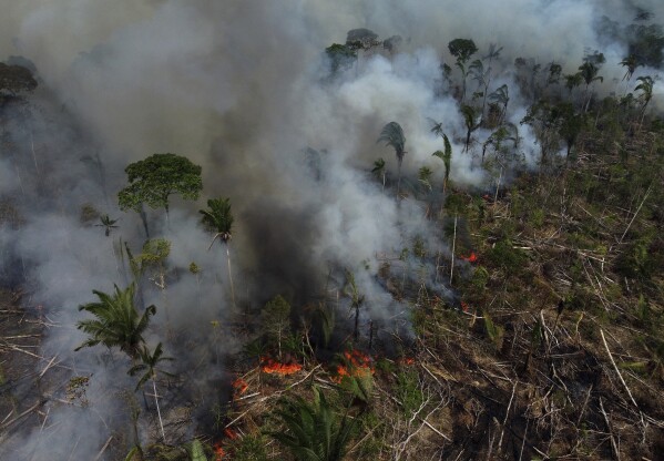 FILE - Smoke rises from a forest fire in the Transamazonica highway region, in the municipality of Labrea, Amazonas state, Brazil, Sept. 17, 2022. The two-day Amazon Summit opens Tuesday, Aug. 8, 2023, in Belem, where Brazil hosts policymakers and others to discuss how to tackle the immense challenges of protecting the Amazon and stemming the worst of climate change. (AP Photo/Edmar Barros, File)