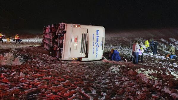 This photo provided by the Utah Department of Public Safety shows an overturned a Salt Lake express bus that had passengers when it overturned along eastbound on I-84 approximately 5 to 7 miles west of Tremonton, Utah, Monday, Dec. 12, 2022. The tour bus heading from Boise, Idaho to Salt Lake City, Utah crashed Monday morning, flipping onto its side and injuring dozens of passengers. Utah Highway Patrol said the majority of passengers aboard a Salt Lake Express bus sustained minor injuries from the crash. (Utah Highway Patrol/Utah Department of Public Safety via AP)