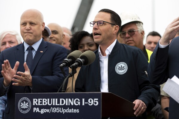 Gov. Josh Shapiro speaks during a news conference to announce the reopening of Interstate 95, Friday, June 23, 2023, in Philadelphia. (AP Photo/Joe Lamberti)