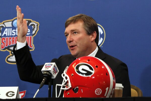FILE - Georgia head coach Kirby Smart talks to reporters during a Sugar Bowl NCAA college news conference in New Orleans, in this Tuesday, Dec. 31, 2019, file photo. The National signing day period...