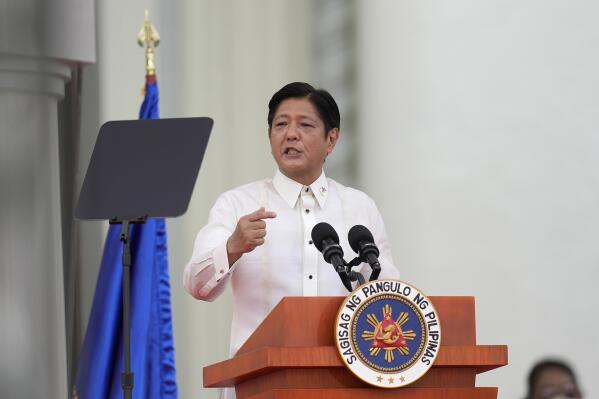 FILE - Philippine President Ferdinand Marcos Jr. delivers his speech during the inauguration ceremony at the National Museum Thursday, June 30, 2022, in Manila, Philippines. Opposition leaders asked new Philippine President Ferdinand Marcos Jr. Friday to restore the country's membership in the International Criminal Court to strengthen its defenses against human rights abuses. (AP Photo/Aaron Favila, File)