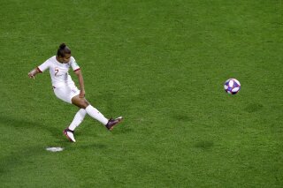 FILE - In this Thursday, June 27, 2019 file photo, England's Nikita Parris kicks the ball from penalty during the Women's World Cup quarterfinal soccer match between Norway and England at the Oceane stadium in Le Havre, France. As Nikita Parris reflects on a transformative year for English women’s football, not ending 2019 as a world champion still hurts.
It’s even harder to banish that lingering sense of disappointment when the scene of the World Cup semifinal loss to the United States is also her new home in France. (AP Photo/Michel Euler, File)