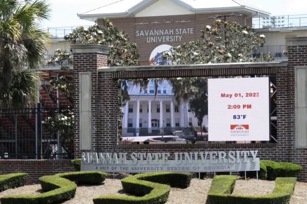 A sign stands outside the football stadium at Savannah State University in Savannah, Georgia, on Monday, May 1, 2023. Savannah State President Kimberly Ballard-Washington is resigning as leader of Georgia's oldest historically Black public university amid financial challenges that include employee layoffs and a faculty revolt against one of her top administrators. (AP Photo/Russ Bynum)