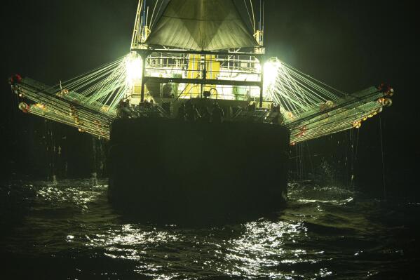 In this July 2021 photo provided by Sea Shepherd, the Chang Tai 802, a Chinese-flagged ship, fishes for squid at night on the high seas off the west coast of South America. During an at-sea encounter, an Indonesian crew member screamed from the stern of the vessel “I want to go home.” The Chang Tai 802 fished for more than a year and finally returned to port in China in August 2022, according to research by the Peruvian fishing consultancy Artisonal. After a brief visit, it returned to South America a month later. (Isaac Haslam/Sea Shepherd via AP)