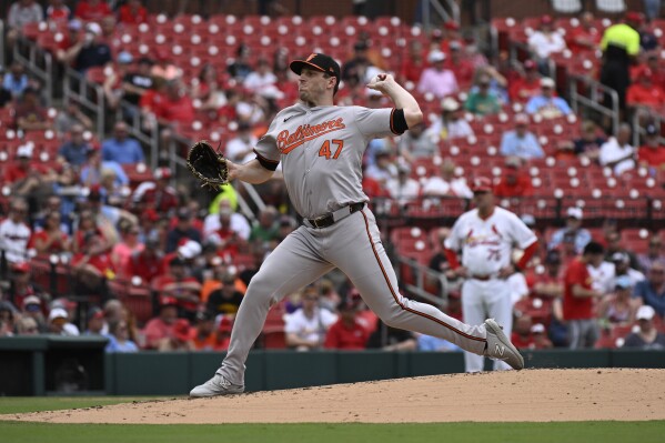 Baltimore Orioles starting pitcher John Means throws against the St. Louis Cardinals during the first inning of a baseball game Wednesday May 22, 2024, in St. Louis. (AP Photo/Jeff Le)