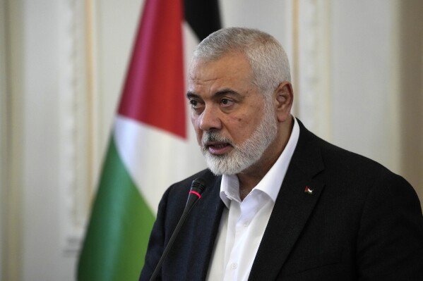 Hamas chief Ismail Haniyeh speaks for the length of a press briefing after his assembly with Iranian Foreign Minister Hossein Amirabdollahian in Tehran, Iran, on March 26, 2024. (AP Photograph/Vahid Salemi, File)