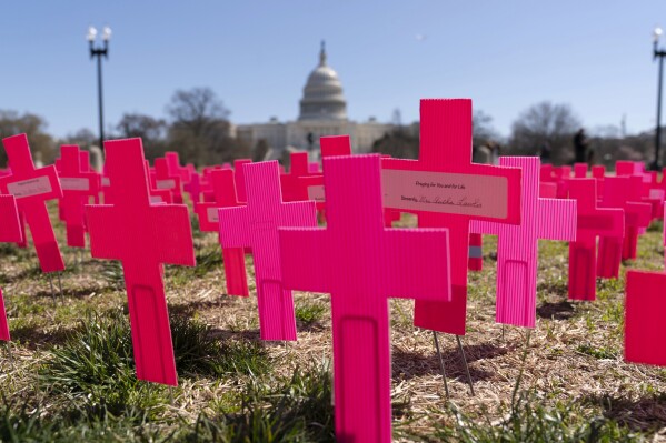 With the U.S.Capitol in the background, crosses are placed on the ground during an anti-abortion rally on Capitol Hill in Washington, Thursday, March 27, 2025. (AP Photo/Jose Luis Magana)