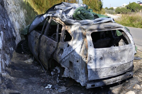 The attacked car that was used by the senior Hezbollah commander Wissam Tawil, who was killed on Monday, in Kherbet Selem village, south Lebanon, Tuesday, Jan. 9, 2024. An Israeli airstrike killed Tawil, who is an elite Hezbollah commander in southern Lebanon, the latest in an escalating exchange of strikes along the border that have raised fears of another Mideast war even as the fighting in Gaza exacts a mounting toll on civilians. (AP Photo/Hussein Malla)