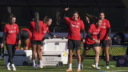 Canada's Christine Sinclair gestures during a soccer training session ahead of the FIFA Women's World Cup in Melbourne, Australia, Monday, July 17, 2023. (Scott Barbour/The Canadian Press via AP)