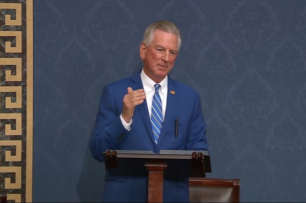 This image from Senate Television video shows Sen. Tommy Tuberville, R-Ala., speaking on the Senate floor Wednesday, Nov. 1, 2023. Republican senators angrily challenged Tuberville on his blockade of almost 400 military officers Wednesday evening, taking over the Senate floor for hours to call for individual confirmation votes after a monthslong stalemate on the issue. (Senate Television via AP)