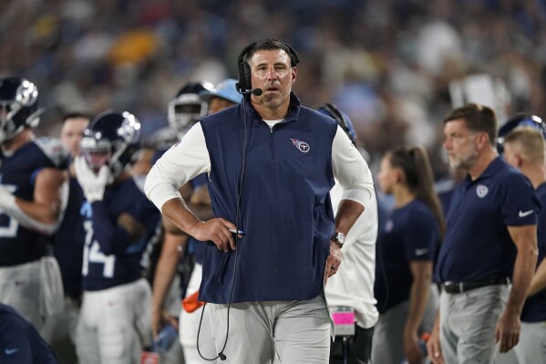 Tennessee Titans head coach Mike Vrabel walks on the sideline in the first half of an NFL preseason football game against the New England Patriots Friday, Aug. 25, 2023, in Nashville, Tenn. (AP Photo/George Walker IV)