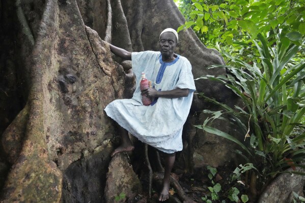 Gilbert Kakpo, a Voodoo priest, stands by a a sacred tree, who he claims is the protector of women at the Bohouezoun sacred forest in Benin, on Thursday, Oct. 5, 2023. "Our divinity is the protector of women," he says. "If you're a woman who's had miscarriages or has given birth to stillborn children and you come here for rituals, you'll never endure those hardships again ... I can't count the number of people who have been healed or treated here." (AP Photo/Sunday Alamba)
