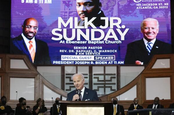 President Joe Biden speaks at Ebenezer Baptist Church in Atlanta, Sunday, Jan. 15, 2023, during a service honoring Martin Luther King Jr. (AP Photo/Carolyn Kaster)