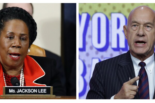 In this photo combination, U.S. Rep. Shelia Jackson Lee, D-Texas, left, speaks during a meeting on Capitol Hill in Washington, Dec. 13, 2019, and at right, Democratic state Sen. John Whitmire answers a question during a televised candidates debate at Houston Public Media studios, Thursday, Oct. 19, 2023, in Houston. The race for Houston mayor headed to a runoff late Tuesday, Nov. 7, 2023, between Jackson Lee and Whitmire, two Democrats who breezed past a wide field of candidates in a race dominated by issues of crime, crumbling infrastructure and potential budget shortfalls. (AP Photo/Patrick Semansky, Michael Wyke)