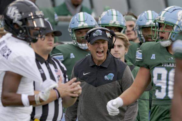 Tulane head coach Willie Fritz reacts during the first half of an NCAA college football game against UCF in New Orleans, Saturday, Nov. 12, 2022. (AP Photo/Matthew Hinton)