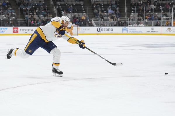 Nashville Predators right wing Nino Niederreiter shoots and scores against the San Jose Sharks during the first period of an NHL hockey game Thursday, Feb. 23, 2023, in San Jose, Calif. (AP Photo/Darren Yamashita)