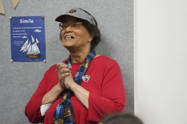 Claire Smith, founding executive director of Temple University's sports media center, speaks in the newsroom of Palisades High School's student newspaper, Wednesday, May 14, 2025, in Santa Monica, Calif. (AP Photo/Marcio Jose Sanchez)
