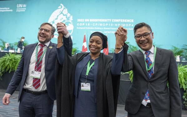 Eve Bazaiba Masudi, Vice-Prime Minister and Environment Minister of the Democratic Republic of Congo, center, and Brazil Foreign Minister Leonardo Cleaver de Athayde, left, and Daniel Tumpal Sumurung Simanjuntak of Indonesia raises their arms following a discussion at the COP15 U.N. conference on biodiversity in Montreal, on Monday, Dec. 19, 2022. (Paul Chiasson/The Canadian Press via AP)