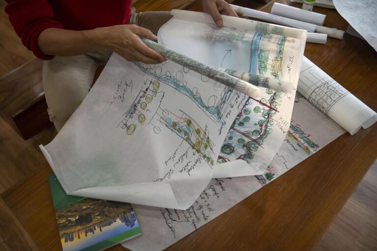 Architect Yu Kongjian unrolls handwritten designs for parklands during an interview at his firm's office in Beijing, Friday, Oct. 21, 2022. Kongjian works to counter a concrete-based infrastructure that he says works against nature – trapping water within the city during floods, siphoning it away during droughts. (AP Photo/Mark Schiefelbein)