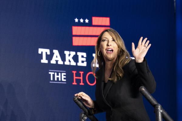 FILE - Republican National Committee chair Ronna McDaniel arrives on stage before House Minority Leader Kevin McCarthy of Calif., speaks at an event on Nov. 9, 2022, in Washington. The race for RNC chair will be decided on Friday by secret ballot as Republican officials from all 50 states gather in Southern California. McDaniel is fighting for reelection against rival Harmeet Dhillon, one of former President Donald Trump’s attorneys. (AP Photo/Alex Brandon, File)