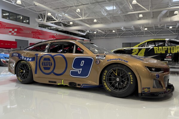 This image provided by Hendrick Motorsports shows a gold car Chase Elliott will run at Texas Motor Speedway in honor of Napa’s 100th anniversary. (Hendrick Motorsports via AP)