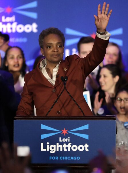 
              Lori Lightfoot waves to supporters as she speaks at her election night party Tuesday, April 2, 2019, in Chicago. Lori Lightfoot elected Chicago mayor, making her the first African-American woman to lead the city. (AP Photo/Nam Y. Huh)
            