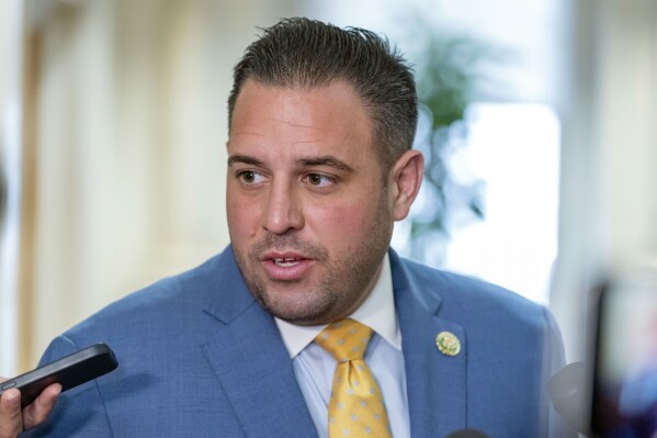 FILE - Rep. Anthony D'Esposito, R-N.Y., arrives for a meeting of Republicans on Capitol Hill in Washington, Oct. 24, 2023. D'Esposito is the Republican candidate in New York's District 4. (AP Photo/Alex Brandon, File)