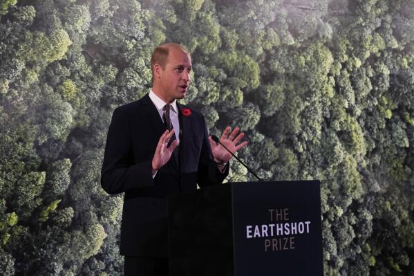 FILE - Britain's Prince William speaks during a meeting with Earthshot prize winners and finalists at the Glasgow Science Center on the sidelines of the COP26 U.N. Climate Summit in Glasgow, Scotland, Nov. 2, 2021. The conservation charity founded by the prince, who launched the Earthshot Prize, keeps its investments in a bank that is one of the world’s biggest backers of fossil fuels. (AP Photo/Alastair Grant, Pool, File)