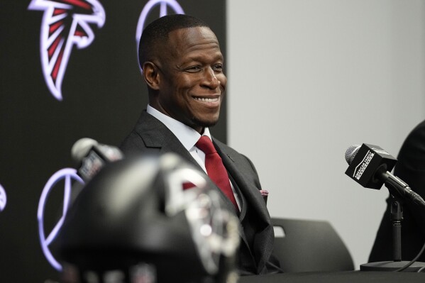 Atlanta Falcons head coach Raheem Morris speaks during an NFL football news conference, Monday, Feb. 5, 2024, in Atlanta. (AP Photo/Brynn Anderson)