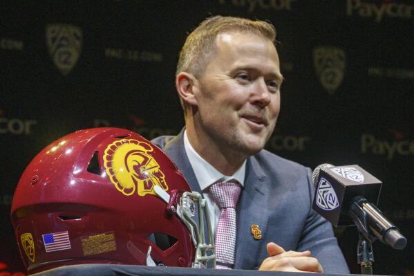 Southern California coach Lincoln Riley speaks during the Pac-12 Conference NCAA college football media day Friday, July 29, 2022, in Los Angeles. (AP Photo/Damian Dovarganes)