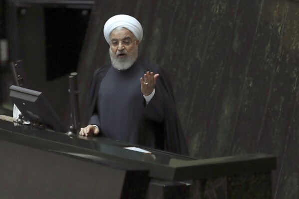 FILE— In this Dec. 8, 2019, file photo, the then Iranian President Hassan Rouhani speaks at the parliament in Tehran, Iran. Iran's former moderate President Hassan Rouhani says he has been disqualified from running for reelection to the country's influential Assembly of Experts, late Wednesday, Jan. 24, 2024, calling it a move to limit the people's participation in elections, official state media reported. (AP Photo/Vahid Salemi, File)