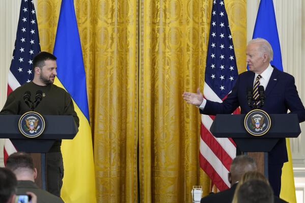 FILE - President Joe Biden speaks during a news conference with Ukrainian President Volodymyr Zelenskyy in the East Room of the White House in Washington, Wednesday, Dec. 21, 2022. (AP Photo/Andrew Harnik, File)