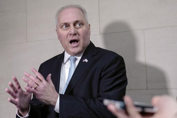 Majority Leader Steve Scalise, R-La., speaks after a closed-door meeting of House Republicans during which he was chosen as candidate for Speaker of the House on Capitol Hill, Wednesday, Oct. 11, 2023 in Washington. (AP Photo/Mariam Zuhaib)