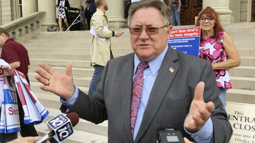 FILE - Shelby Township Clerk Stan Grot speaks with reporters after announcing his 2018 Republican run for Michigan secretary of state on Tuesday, Aug. 22, 2017, at the Capitol in Lansing, Mich. Grot, a Republican who has served as the Shelby Township clerk since 2012, was notified Thursday, July 20, 2023, that he will be prohibited from holding elections after being charged earlier this week for acting as a fake election in 2020 for then-President Donald Trump. (AP Photo/David Eggert, File)