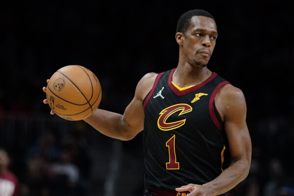 FILE - Cleveland Cavaliers guard Rajon Rondo (1) is shown against the Atlanta Hawks during the second half of an NBA basketball game Tuesday, Feb. 15, 2022, in Atlanta. The two-time NBA champion was arrested Sunday, Jan. 28, 2024, in southern Indiana on misdemeanor gun and drug charges. (AP Photo/John Bazemore, File)