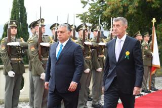 Czech prime minister Andrej Babis, right, welcomed in Kramarova vila Hungarian prime minister Viktor Orban in Prague, Wednesday, Sept. 29, 2021. (Sulova Katerina/CTK via AP)
