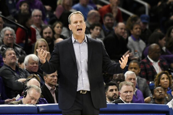 Northwestern head coach Chris Collins reacts to his team during the first half of an NCAA college basketball game against DePaul, Saturday, Dec. 21, 2019, in Chicago. (AP Photo/David Banks)
