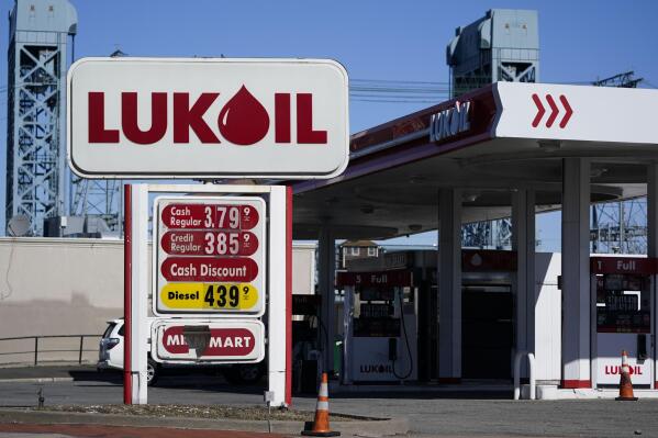 A Lukoil gas station sits in Newark, N.J., Thursday, March 3, 2022. Outraged by the invasion of Ukraine, the Newark City Council voted unanimously Wednesday to suspend the service stations’ operating licenses, citing Lukoil’s base in Moscow. In doing so, however, they may have predominantly been hurting Americans.  (AP Photo/Seth Wenig)