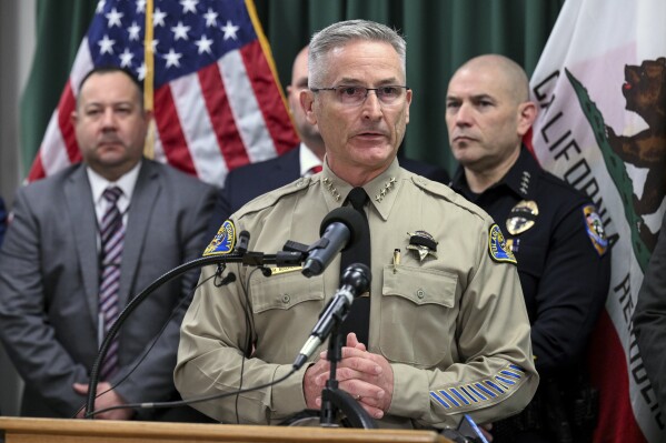 FILE - Tulare County Sheriff Mike Boudreaux speaks during a news conference in Visalia, Calif., Friday, Feb. 3, 2023. On Tuesday, March 19, 2024, Boudreaux, a sheriff who promises to harden the nation’s porous borders, and a California legislator backed by former President Donald Trump, are facing off in a special U.S. House election. (Ron Holman/The Times-Delta via AP, File)