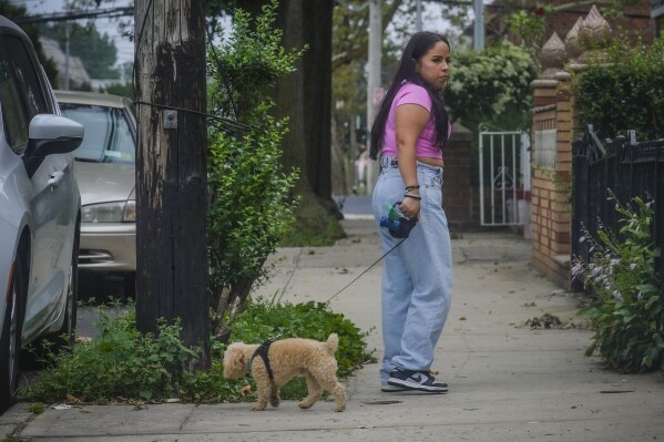 Melissa Chavez walks her toy poodle Milo, Thursday, Aug. 24, 2023, in New York. When Chavez decided to get a dog in the summer of 2020, she had an idea of the costs but was surprised by how fast they added up.(AP Photo/Bebeto Matthews)