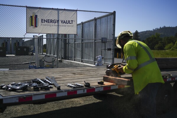 An employee works at Energy Vault on Tuesday, May 27, 2025, in Calistoga, Calif., where the company is building an emergency power system using hydrogen and battery storage. (AP Photo/Annika Hammerschlag)