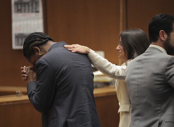 A$AP Rocky reacts in the courtroom after he was found not guilty during his trial Tuesday, Feb. 18, 2025, in Los Angeles. (Daniel Cole/Pool Photo via AP)
