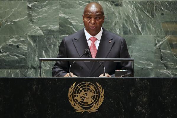 Central African Republic's President Faustin Archange Touadera addresses the 76th Session of the United Nations General Assembly, Tuesday, Sept. 21, 2021, at U.N. headquarters. (Spencer Platt/Pool Photo via AP)