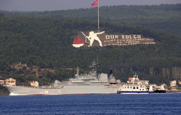 FILE - A Russian ship named Caesar Kunikov passes through the Dardanelles strait in Turkey en route to the Mediterranean Sea, on Oct. 4, 2015. Ukraine's military said Wednesday Feb. 14, 2024 it sank a Russian landing ship in the Black Sea using naval drones, a report that has not been confirmed by Russian forces. The Caesar Kunikov amphibious ship sank near Alupka, a city on the southern edge of the Crimean Peninsula that Moscow annexed in 2014, Ukraine’s General Staff said. It said the ship can carry 87 crew members. (Burak Gezen/DHA via AP, File)