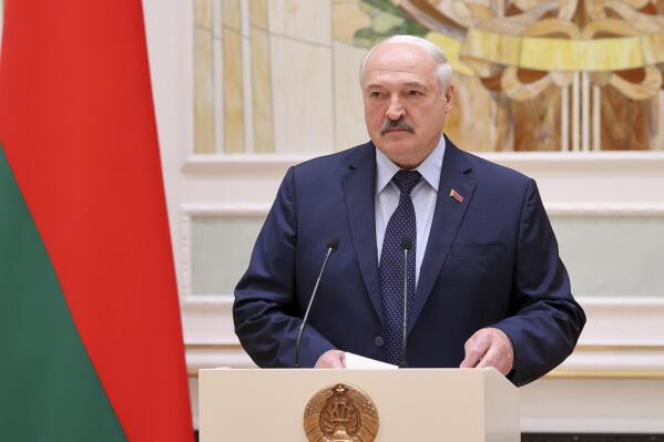 Belarus President Alexander Lukashenko speaks during an awarding ceremony in Minsk, Belarus, Friday, July 2, 2021. Lukashenko said Friday that he has ordered to shut the border with Ukraine, alleging that it has become a conduit for weapons smuggling. (Sergei Shelega/BelTA Pool Photo via AP, File)