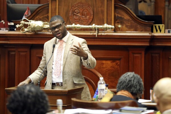 South Carolina state Rep. Kambrell Garvin, D-Blythewood, speaks during a debate on education vouchers, Wednesday, March, 20, 2024, in the House in Columbia, S.C. (AP Photo/Jeffrey Collins)