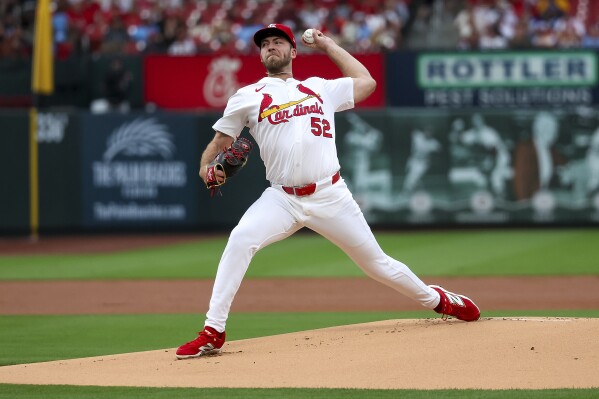 St. Louis Cardinals starting pitcher Matthew Liberatore throws during the first inning in the second game of a baseball doubleheader against the Kansas City Royals, Thursday, June 5, 2025, in St. Louis. (AP Photo/Scott Kane)