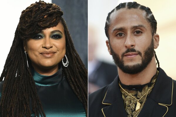 In this combination photo, filmmaker Ava DuVernay appears at the Vanity Fair Oscar Party in Beverly Hills, Calif. on Feb. 9, 2020, left, and Colin Kaepernick attends The Metropolitan Museum of Art's Costume Institute benefit gala in New York on May 6, 2019. Kaepernick is joining with Emmy-winning filmmaker DuVernay on a Netflix miniseries about the teenage roots of the former NFL player’s activism. Neftlix says the limited series, titled “Colin in Black & White,” will examine Kaepernick’s high school years. (AP Photo)