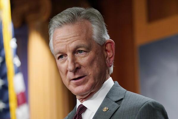 FILE - Sen. Tommy Tuberville, R-Ala., listens to question during a news conference March 30, 2022, in Washington. Tuberville said Tuesday, Oct. 25, 2022 that the country has too many “takers” instead of workers and suggested that many in younger generations — including people in their 40s — do not understand that they need to work. (AP Photo/Mariam Zuhaib, File)