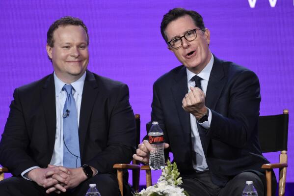 FILE - Stephen Colbert, right, executive producer of the Showtime animated series "Our Cartoon President," takes part in a panel discussion on the show with fellow executive producer Chris Licht at the Television Critics Association Winter Press Tour on Jan. 6, 2018, in Pasadena, Calif. Licht, who currently runs Stephen Colbert's late-night show at CBS but has a news background, is expected to be named the new president of CNN. An executive familiar with the discussions who spoke on condition of anonymity confirmed the news, first reported by the website Puck on Saturday, Feb. 26, 2022. (Photo by Chris Pizzello/Invision/AP, File)